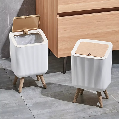 Practical Wooden Grain Square Pressing Type Trash Can Open Lid Standing Home Plastic Bin