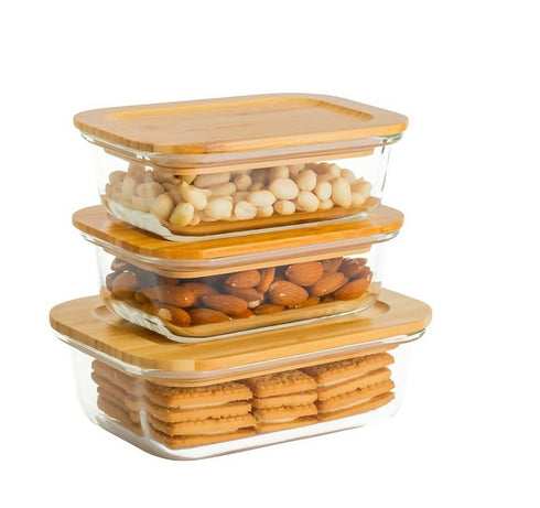 Rectangular Glass Food Storage Container Set with Sealed Bamboo Lids