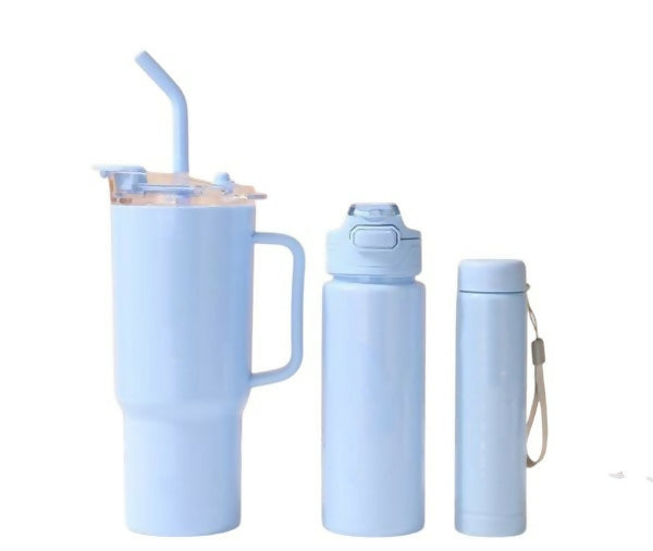 3 Piece Sports Water Bottle Set With Straw- Blue
