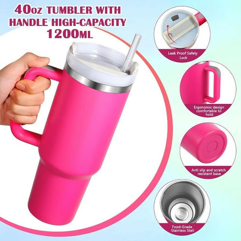 1.2L Tumbler with Handle Straw Lid, Stainless Steel Travel Mug - Hot Pink