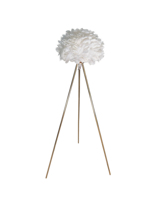 A Decorative Floor Lamp With A Gold Frame And A White Feather Lampshade.