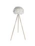 A Decorative Floor Lamp With A Gold Frame And A White Feather Lampshade.