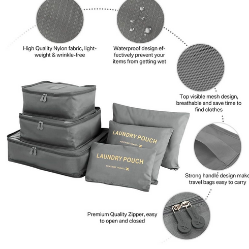 Oxford Cloth Packing Cube Organizer Travel Laundry Pouch - Set of 6 - Grey