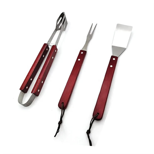 3PC Outdoor BBQ Braai Utensils with Wooden Handle