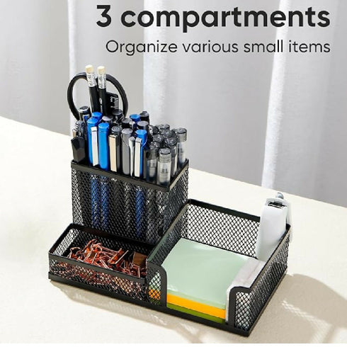 Mesh Pen Pencil 3 Compartment Multipurpose Storage Organizer Desk Stand
