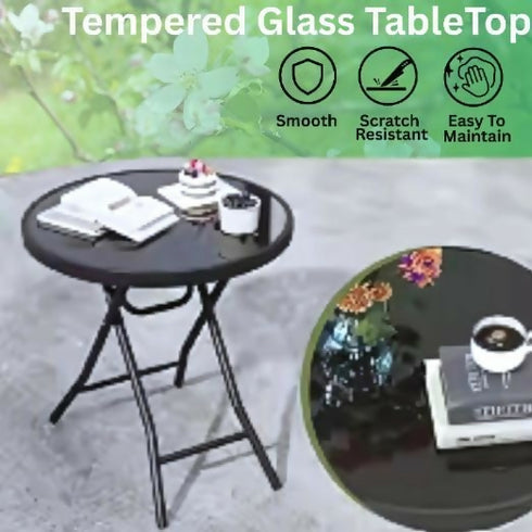 Compact Folding Outdoor Dining Table with Tempered Glass Top