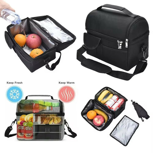 Portable Lunch Bag Double Insulated Cooler Bag Tote Bag Outdoor Activities - Black
