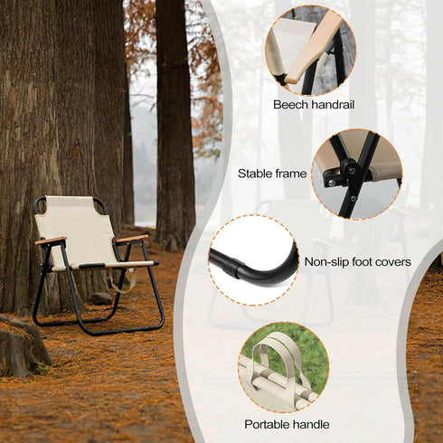 Folding Camping Chair with Handle, Wooden Armrests