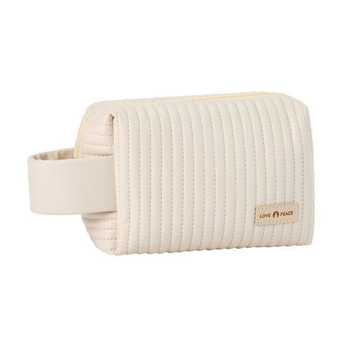 Striped Puffy PU Leather Cosmetic Bag Macaroon Colour Travel Cosmetic Pouch - Cream White