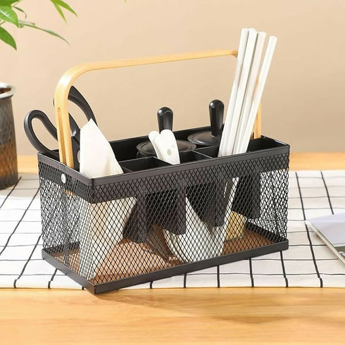 Cutlery Organizer Basket with Bamboo Handle
