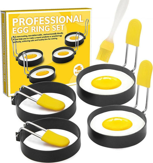 Non-Stick Stainless Steel Frying Egg Ring Pastry Mould with Brush- 4 Piece