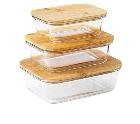 Rectangular Glass Food Storage Container Set with Sealed Bamboo Lids