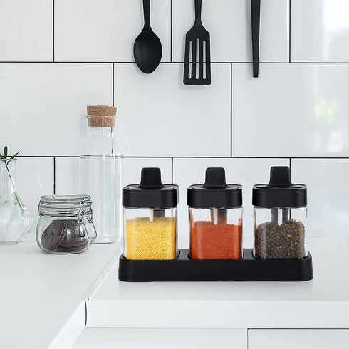 3PCs Glass Spice Jar Set With Spoons & Lids