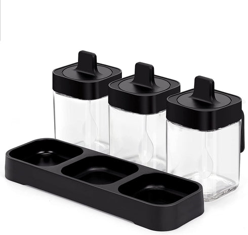 3PCs Glass Spice Jar Set With Spoons & Lids