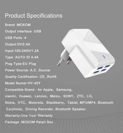 Moxom Smart IC 4 USB Port AUTO ID 4.4A Wall phone Charger Kh-40y