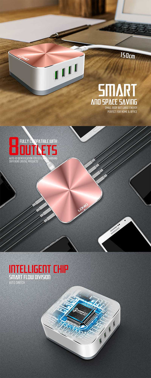 Ldnio A8101 - 8 USB Port Charger - For Mobile Phone Quick Charge 3.0 - Rose Gold