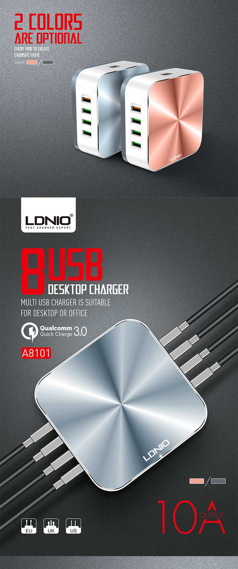 Ldnio A8101 - 8 USB Port Charger - For Mobile Phone Quick Charge 3.0 - Rose Gold