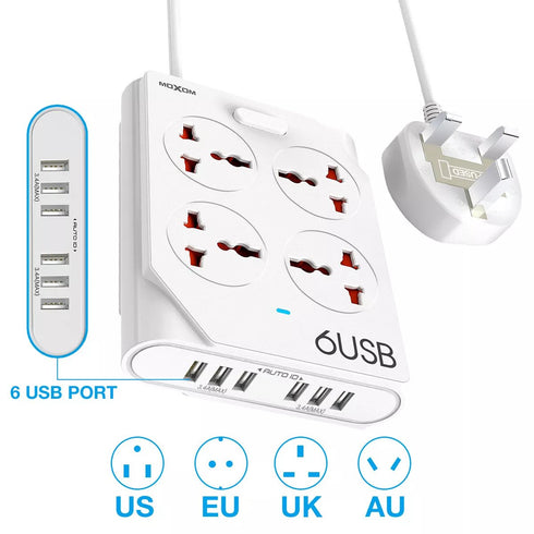 6 USB Fireproof Power Socket - 10A - White