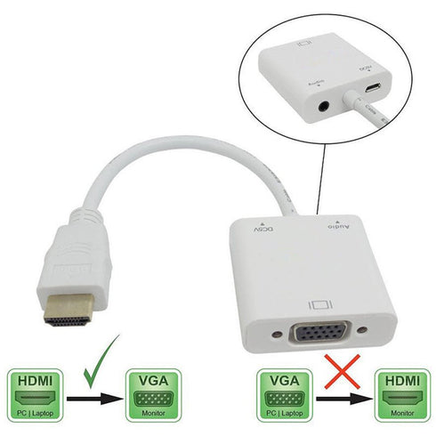 HDMI to VGA Converter Adapter Cable with 3.5mm Audio and USB power cable - White