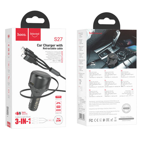 Hoco S27 Car charger With 3 In1 Cable + Usb - WooTech Online Shopping In SA