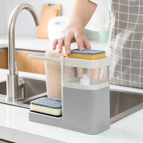 Kitchen Press Soap Dispenser Automatic Detergent Box Drain Sink with Towel Bar Shelf Sponge Holder - WooTech Online Shopping In SA