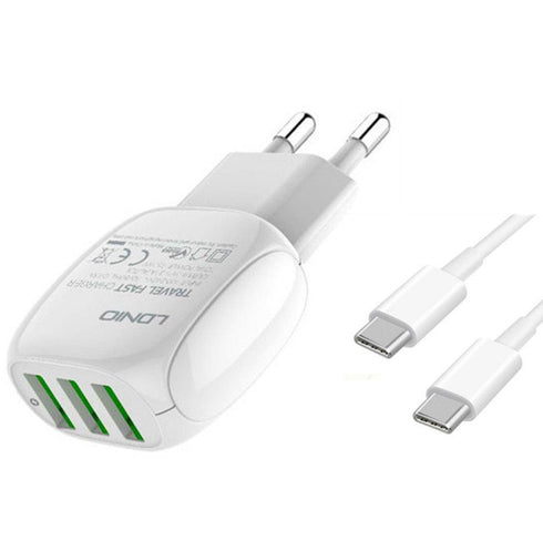 LDNIO Fast Charging Adapter with Type -C Cable 15.5W USB (3 Ports) EU Plug Charger Adapter A3315 - WooTech Online Shopping In SA