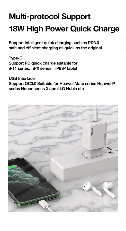 Moxom PD Fast charger For iPhone 12 /11 - 18w USB-c power Adapter Mx-HC25