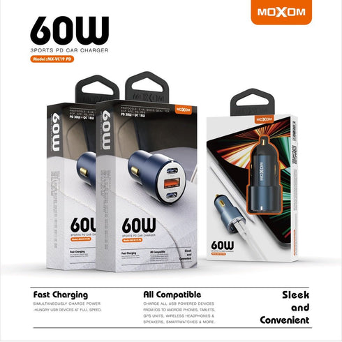 MOXOM VC19 PD 60W 3 PORTS Car Charger with PD 30W QC3.0USB +Type C Ports Fast Charge Car Charger