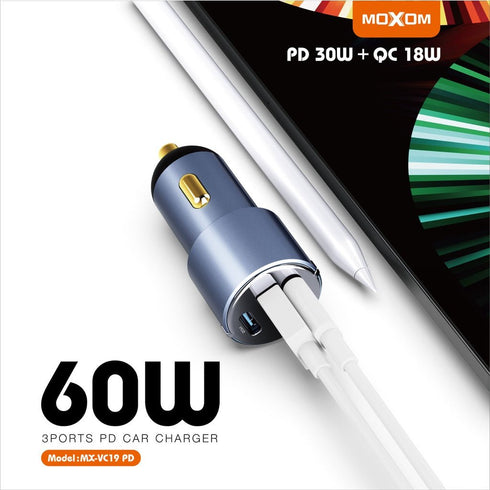 MOXOM VC19 PD 60W 3 PORTS Car Charger with PD 30W QC3.0USB +Type C Ports Fast Charge Car Charger