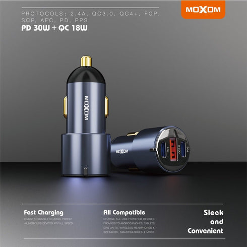 MOXOM VC19 PD 60W 3 PORTS Car Charger with PD 30W QC3.0USB +Type C Ports Fast Charge Car Charger
