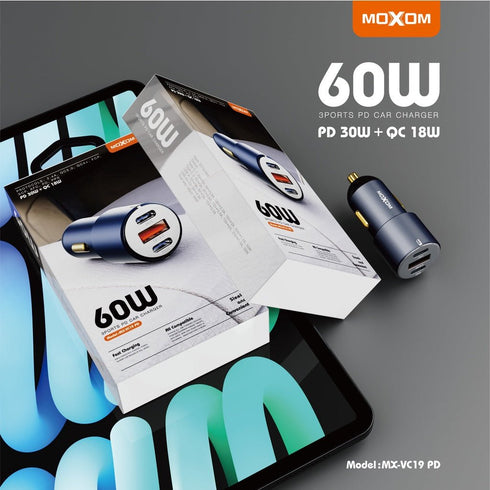 MOXOM VC19 PD 60W 3 PORTS Car Charger with PD 30W QC3.0USB +Type C Ports Fast Charge Car Charger