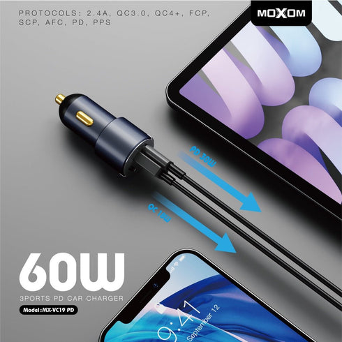 MOXOM VC19 PD 60W 3 PORTS Car Charger with PD 30W QC3.0USB +Type C Ports Fast Charge Car Charger