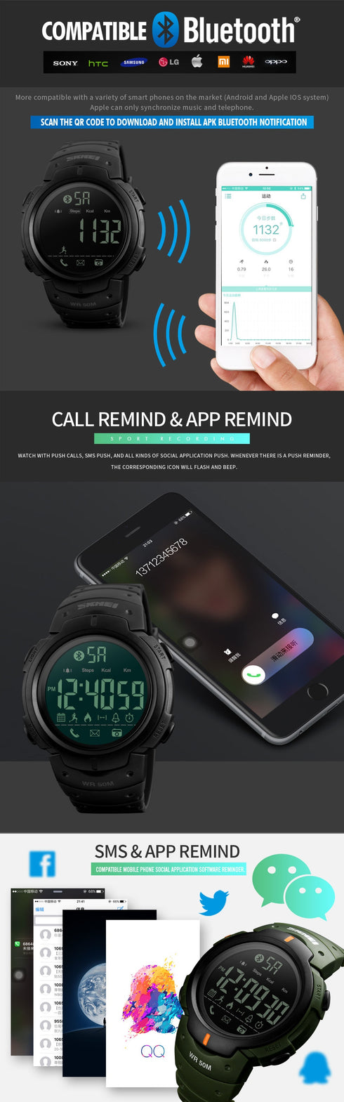 SKMEI 1301 Waterproof Alarm Bluetooth Sports Watch