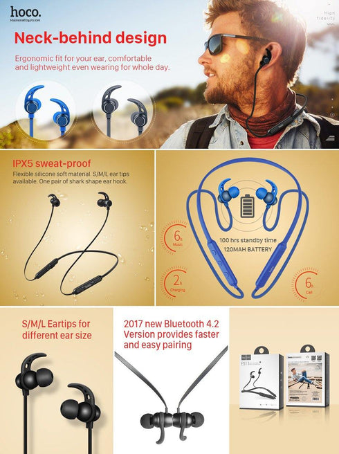 HOCO Metal Sport Bluetooth Headphone Sweatproof Earphone Magentic Earpiece Stereo Wireless Headset for Mobile Phone