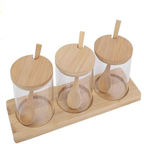 3 Pack Glass Spice Cannisters with Bamboo Lids Spoons and Tray