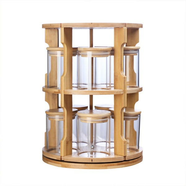360° Rotating Bamboo Tabletop Spice Rack With 10 Jars for Kitchen ...