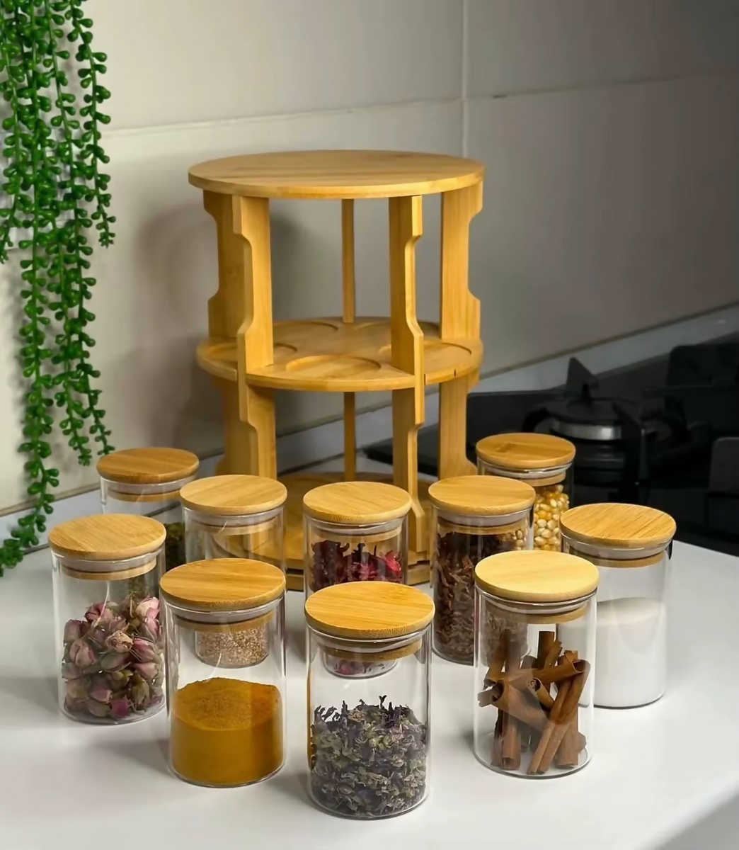 360° Rotating Bamboo Tabletop Spice Rack With 10 Jars for Kitchen ...